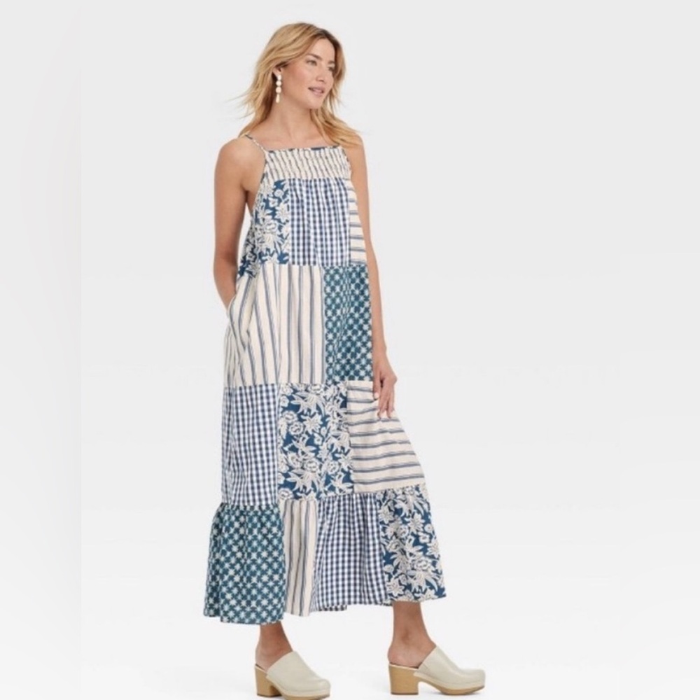 Universal Thread Blue Patchwork Tiered Maxi Dress, Size Medium.